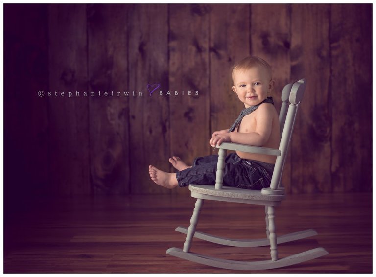 Markham baby photography of baby boy in vintage shabby chic rocking chair.