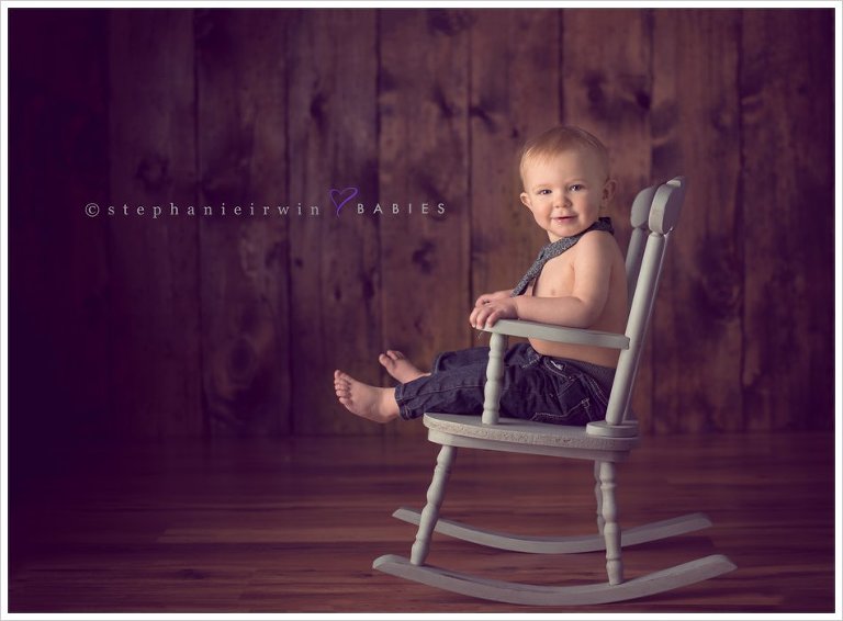 Markham baby photography of baby boy in vintage shabby chic rocking chair.