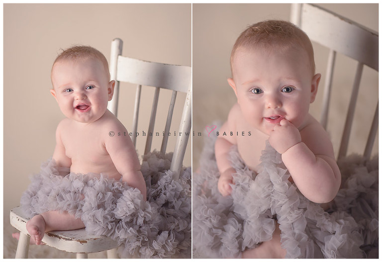 Toronto baby photography of baby girl on antique chair