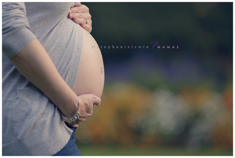 close-up outdoor Toronto maternity photography image of belly with flowers from Alexander Muir Memorial Gardens in the background